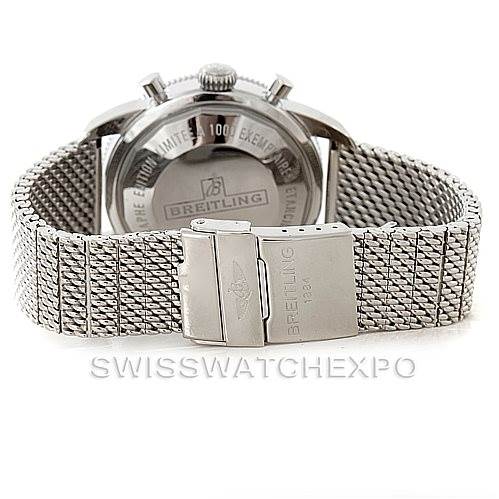 The image shows the back view of a Breitling Superocean A23320 Men's Stainless Steel Black Dial A23320 Men's Stainless Steel Black Dial watch, highlighting its case back and stainless steel mesh bracelet with clasp.