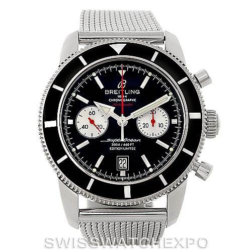 This image shows a frontal view of the Breitling Superocean A23320 Men's Stainless Steel Black Dial A23320 Men's Stainless Steel Black Dial watch, highlighting its dial, bezel, and mesh strap.