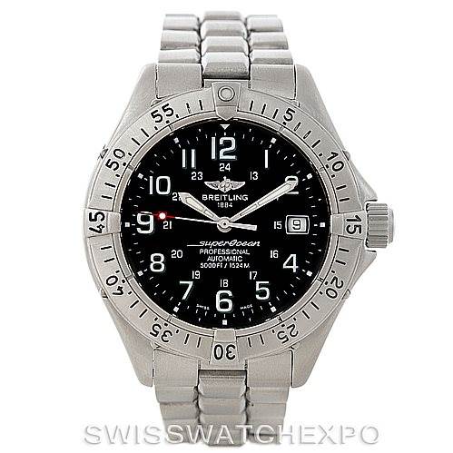 The image shows a front-facing view of the Breitling Superocean A17345 Men's Stainless Steel Black Dial A17345 Men's Stainless Steel Black Dial watch, highlighting the dial, bezel, and metal bracelet.