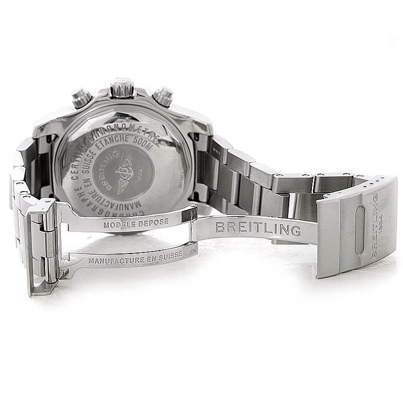 The image shows the back and partly open metal bracelet of a Breitling Superocean A13341 Men's Stainless Steel Black Dial A13341 Men's Stainless Steel Black Dial watch.