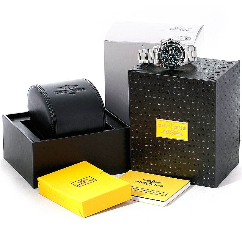 The image shows a Breitling Superocean A13341 Men's Stainless Steel Black Dial A13341 Men's Stainless Steel Black Dial watch with its packaging, including a display case, outer box, and manuals.