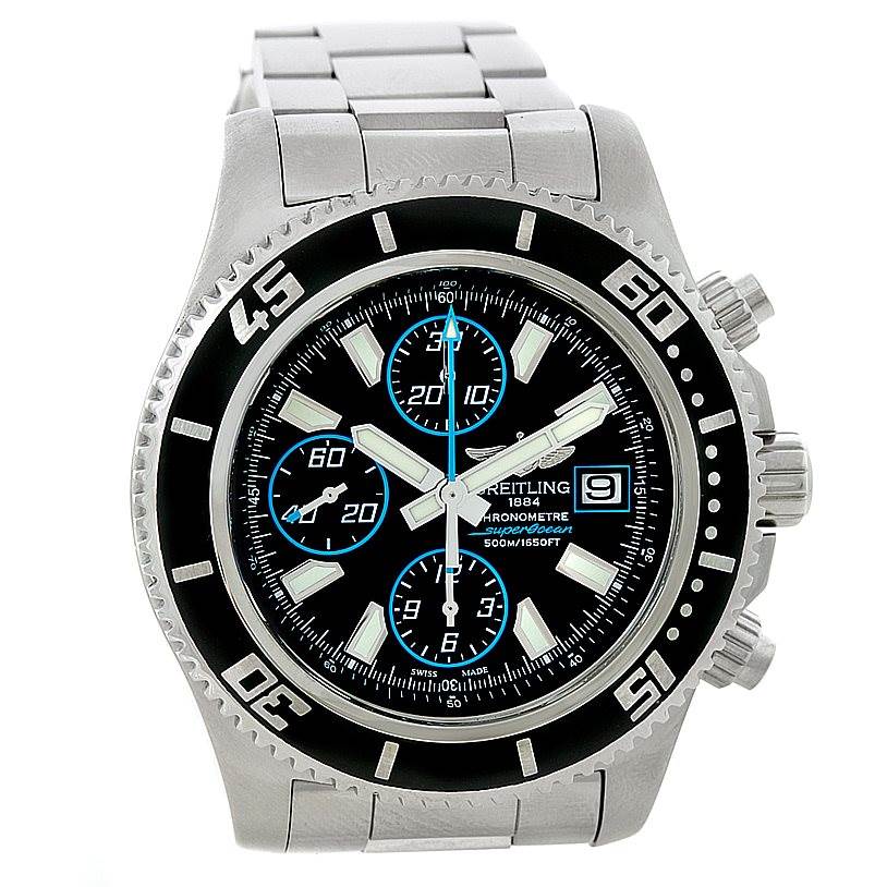The image shows a front view of a Breitling Superocean A13341 Men's Stainless Steel Black Dial A13341 Men's Stainless Steel Black Dial watch, highlighting its dial, bezel, and stainless steel bracelet.