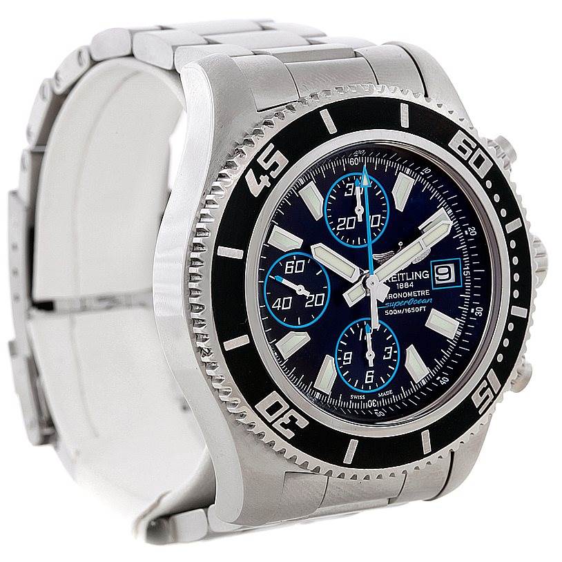 The image shows a Breitling Superocean A13341 Men's Stainless Steel Black Dial A13341 Men's Stainless Steel Black Dial watch from a three-quarter angle, highlighting its bezel, dial, and bracelet.