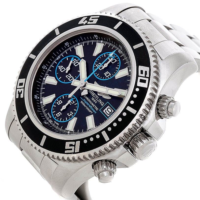 The Breitling Superocean A13341 Men's Stainless Steel Black Dial A13341 Men's Stainless Steel Black Dial watch is shown at an angle highlighting the dial, bezel, pushers, and part of the bracelet.