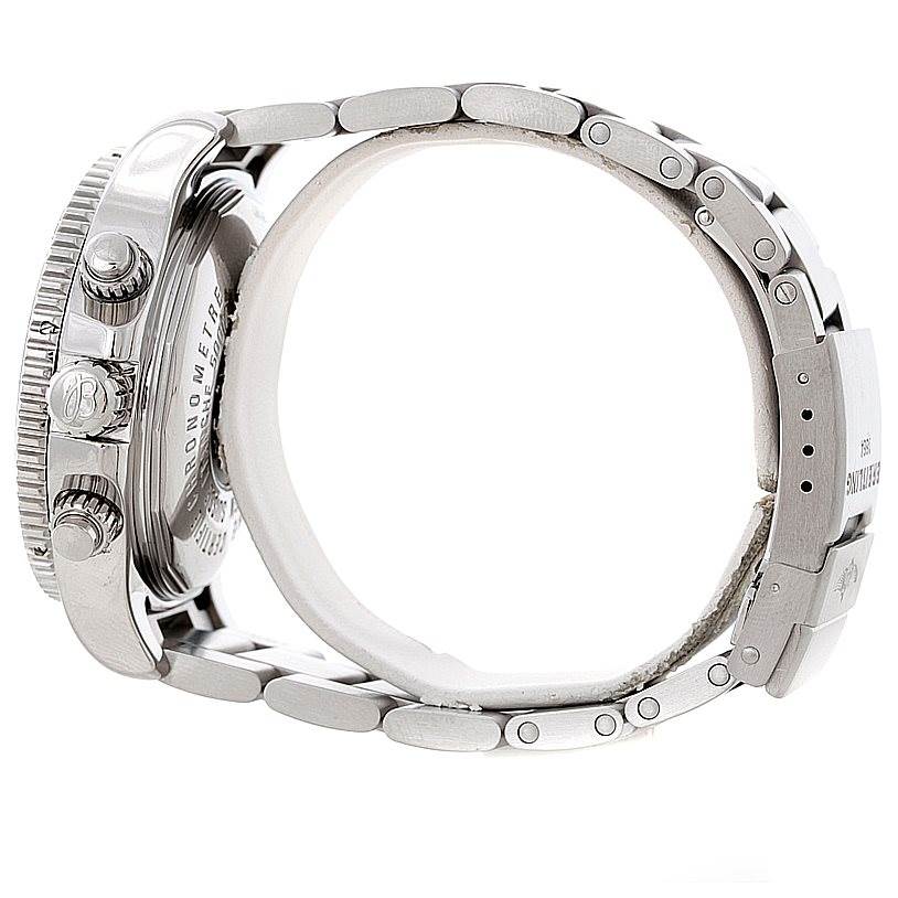 The image shows a Breitling Superocean A13341 Men's Stainless Steel Black Dial A13341 Men's Stainless Steel Black Dial watch from a side profile, highlighting the crown, pushers, bracelet, and clasp.