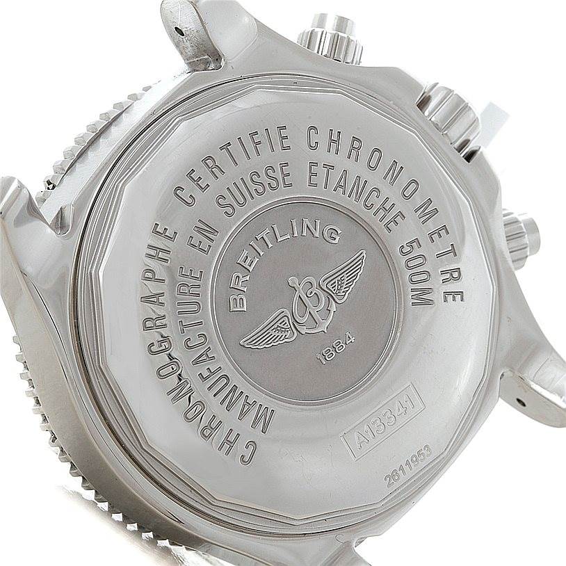 The image shows the back case of a Breitling Superocean A13341 Men's Stainless Steel Black Dial A13341 Men's Stainless Steel Black Dial watch, highlighting the engravings and metal detailing.