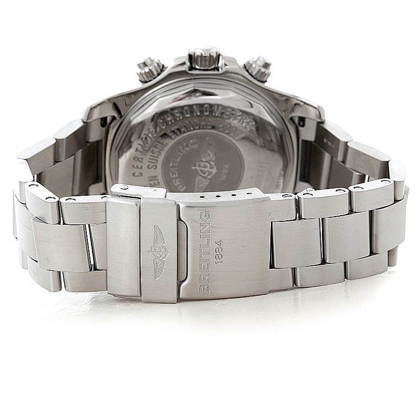 The image shows the back and clasp of a Breitling Superocean A13341 Men's Stainless Steel Black Dial A13341 Men's Stainless Steel Black Dial watch at a rear angle. 