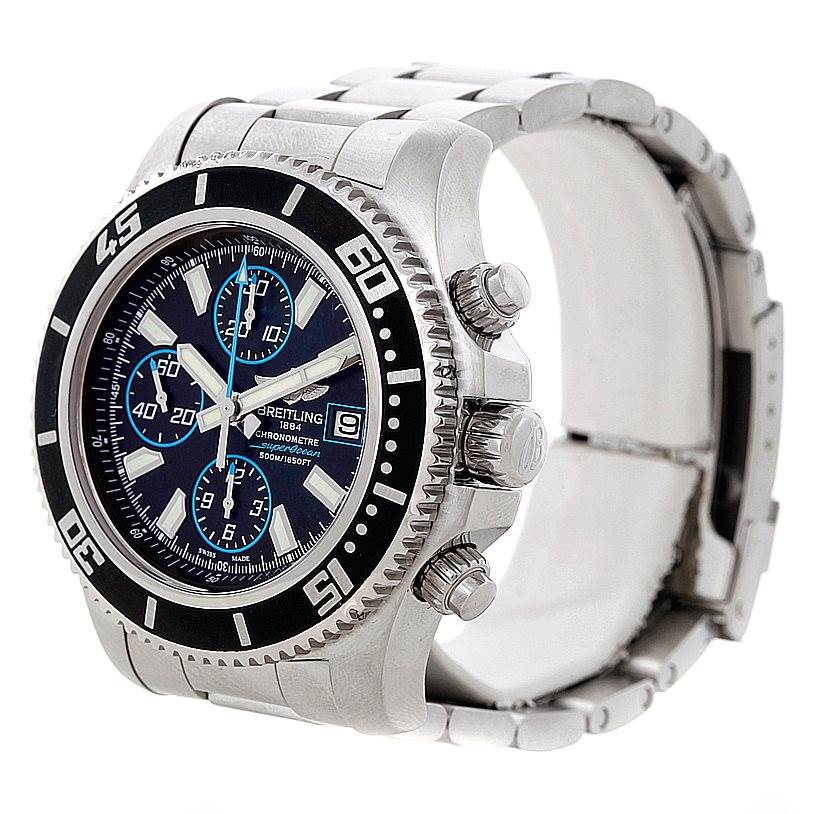 The Breitling Superocean A13341 Men's Stainless Steel Black Dial A13341 Men's Stainless Steel Black Dial watch is shown at a three-quarter angle, displaying the face, bezel, crown, and stainless steel bracelet.