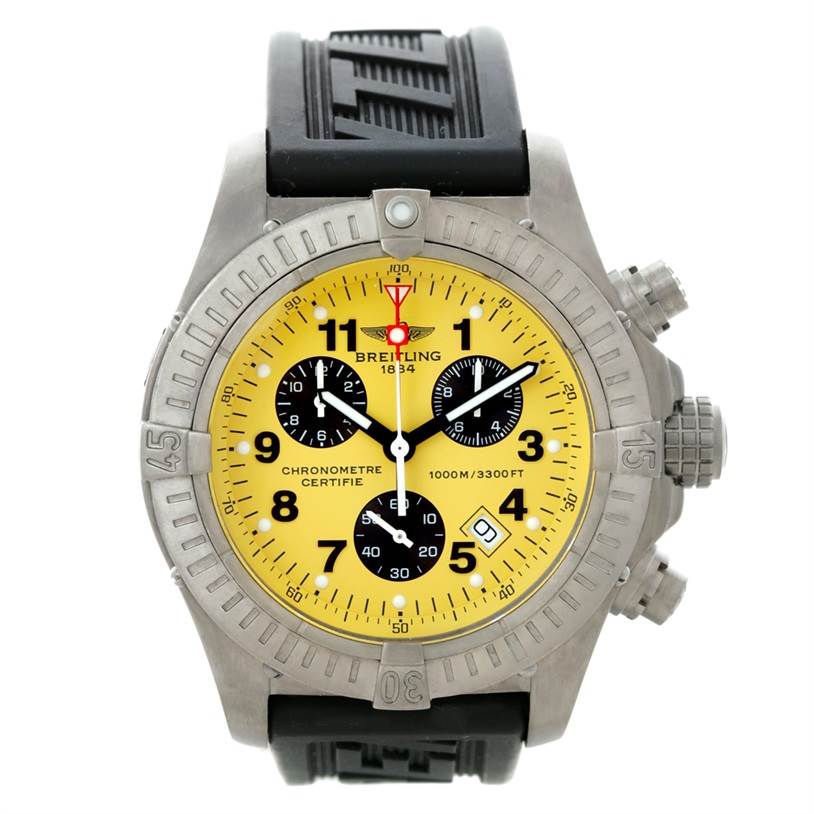 The image shows a front view of a Breitling Avenger E73360 Men's Titanium Yellow Dial E73360 Men's Titanium Yellow Dial watch, featuring a yellow dial, rubber strap, and three chronograph subdials.