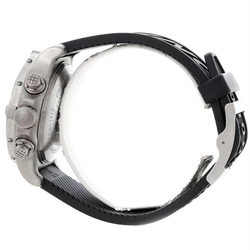 The image shows a side view of a Breitling Avenger E73360 Men's Titanium Yellow Dial E73360 Men's Titanium Yellow Dial watch, displaying its case, crown, pushers, and part of the strap and buckle.