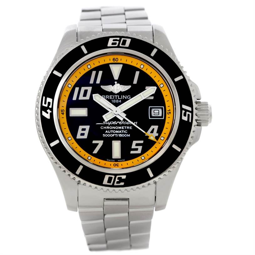 The image shows a front view of the Breitling Superocean A17364 Men's Stainless Steel Black Dial A17364 Men's Stainless Steel Black Dial watch, displaying its dial, bezel, crown, and metal bracelet.