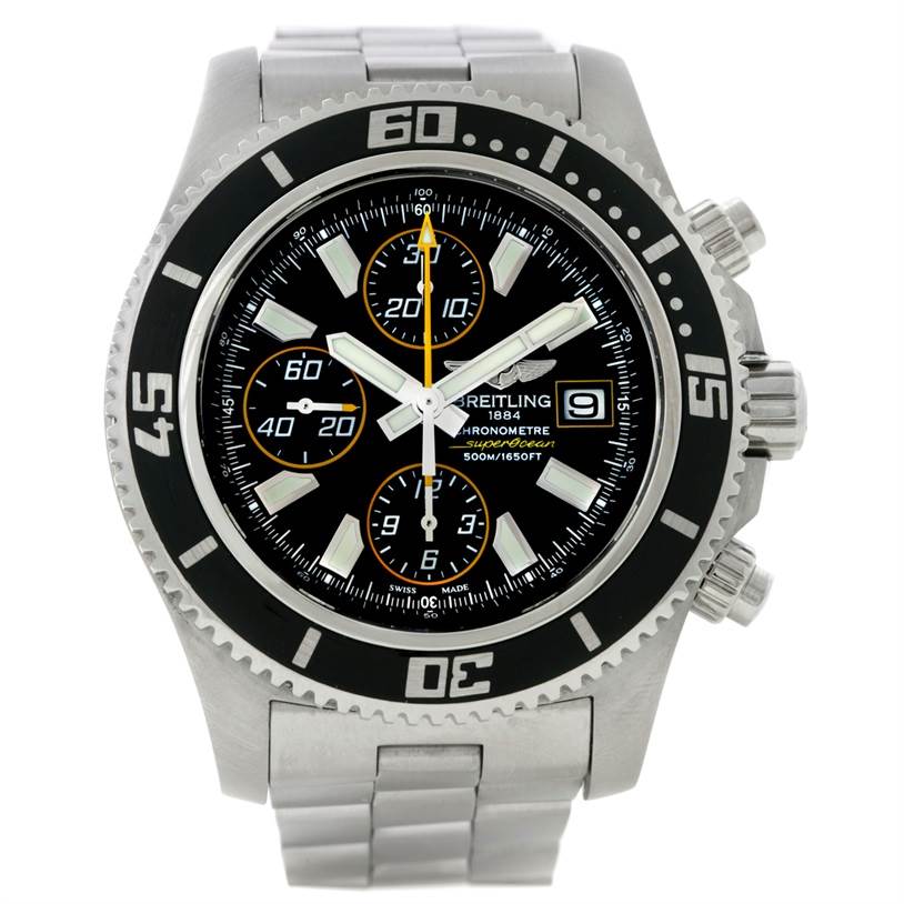 This image shows a Breitling Superocean A13341 Men's Stainless Steel Black Dial A13341 Men's Stainless Steel Black Dial watch from the front, displaying the dial, bezel, case, crown, and bracelet.