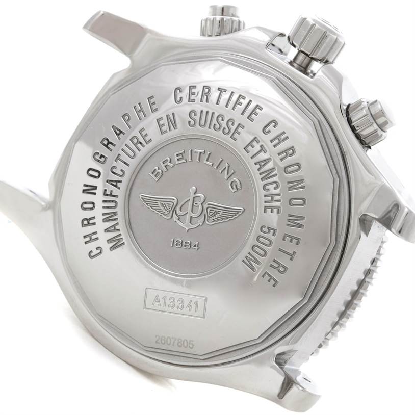 The image shows the back case of a Breitling Superocean A13341 Men's Stainless Steel Black Dial A13341 Men's Stainless Steel Black Dial watch, highlighting its branding and model information.