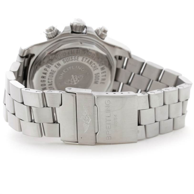 This image shows the back of the Breitling Superocean A13341 Men's Stainless Steel Black Dial A13341 Men's Stainless Steel Black Dial watch, focusing on the clasp and rear case details.