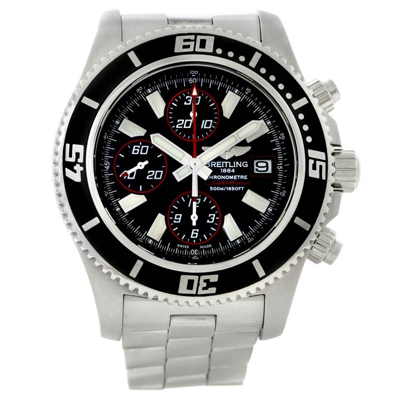 The image shows a Breitling Superocean A13341 Men's Stainless Steel Black Dial A13341 Men's Stainless Steel Black Dial watch from a frontal angle, displaying its bezel, dial with sub-dials, crown, and part of the bracelet.