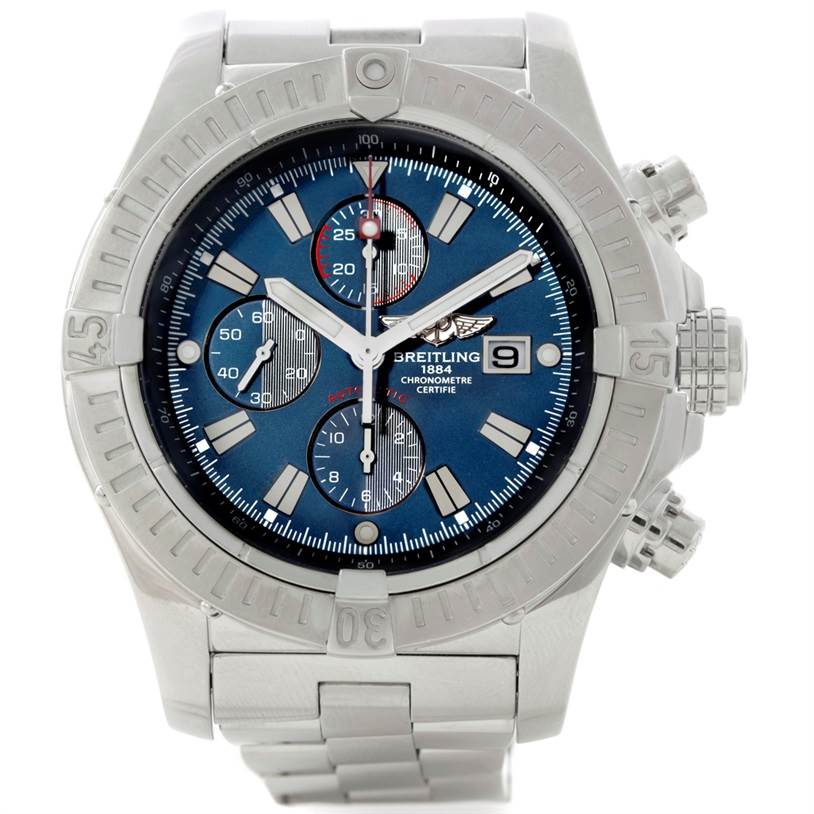 The image shows a front view of a Breitling Avenger A13370 Men's Stainless Steel Blue Dial A13370 Men's Stainless Steel Blue Dial watch, highlighting its blue dial, subdials, date window, and stainless steel bracelet.