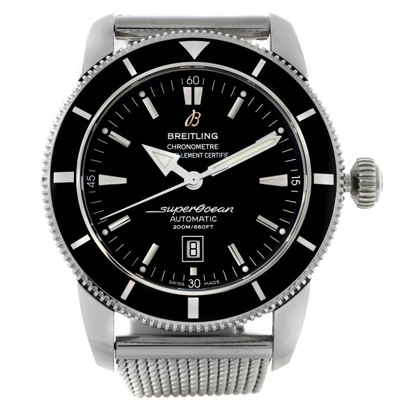 The image shows a front view of the Breitling Superocean A17320 Men's Stainless Steel Black Dial A17320 Men's Stainless Steel Black Dial watch, displaying the dial, hands, bezel, and part of the bracelet.