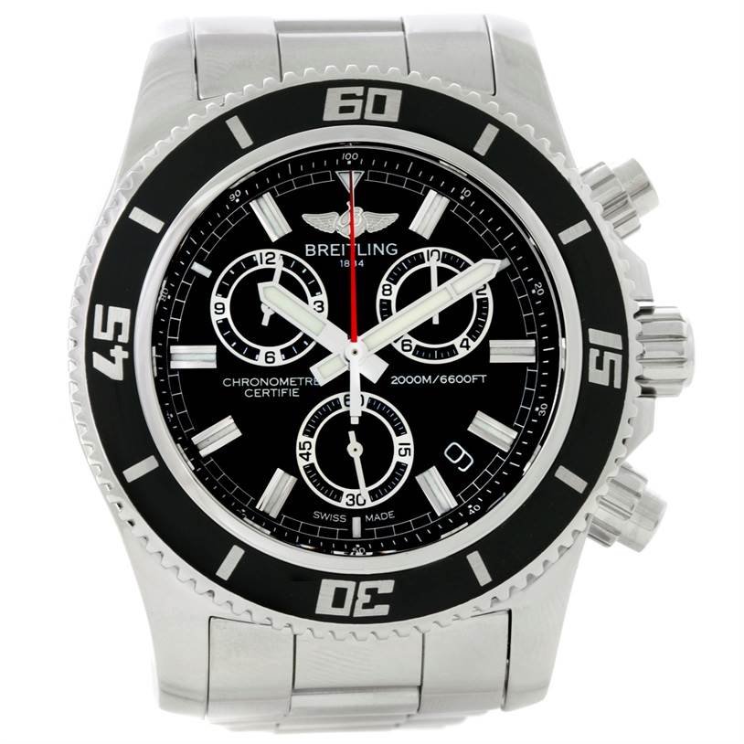 The image shows a front view of the Breitling Superocean A73310 Men's Stainless Steel Black Dial A73310 Men's Stainless Steel Black Dial watch featuring its black dial, chronograph subdials, and rotating bezel.