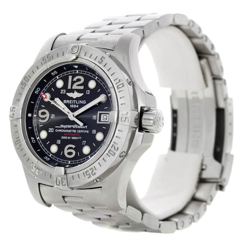 The Breitling Superocean A17390 Men's Stainless Steel Black Dial A17390 Men's Stainless Steel Black Dial watch is shown from a front-side angle, displaying the dial, bezel, crown, and part of the bracelet.