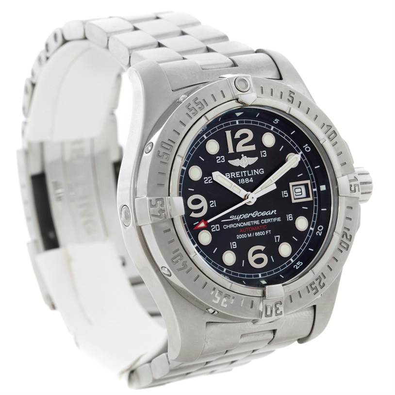 The image shows a Breitling Superocean A17390 Men's Stainless Steel Black Dial A17390 Men's Stainless Steel Black Dial watch from a front-left angle, highlighting its dial, bezel, and bracelet.