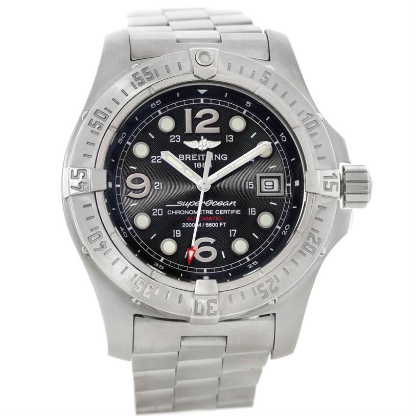 The Superocean model by Breitling is shown from the front, highlighting the dial, bezel, crown, and bracelet.