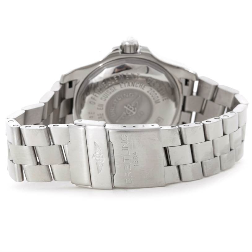 This image shows the back case and metal bracelet of a Breitling Superocean A17390 Men's Stainless Steel Black Dial A17390 Men's Stainless Steel Black Dial watch, focusing on the clasp with the Breitling logo engraved.