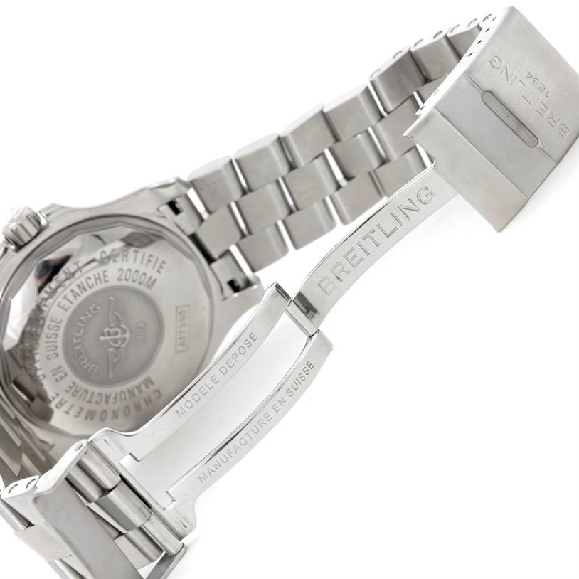 The image shows the back and clasp of a Breitling Superocean A17390 Men's Stainless Steel Black Dial A17390 Men's Stainless Steel Black Dial watch at an angled view.