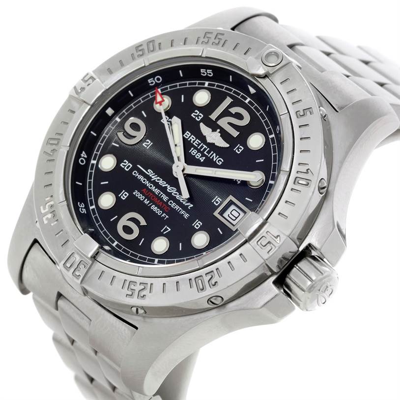 This Breitling Superocean A17390 Men's Stainless Steel Black Dial A17390 Men's Stainless Steel Black Dial watch is shown from a slightly oblique angle highlighting the dial, bezel, crown, and part of the bracelet.
