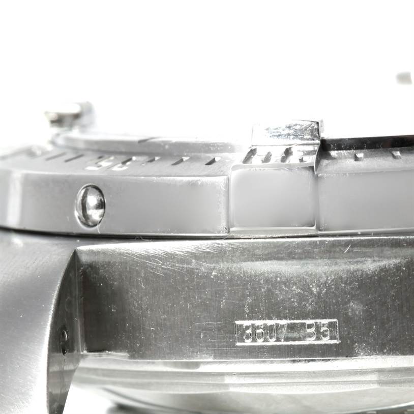 The image shows a close-up view of the bezel, crown, and case of a Breitling Superocean A17390 Men's Stainless Steel Black Dial A17390 Men's Stainless Steel Black Dial watch.