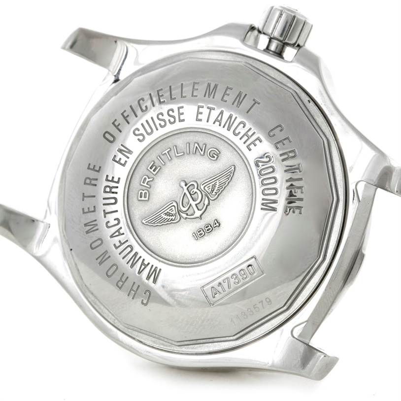 This image shows the case back of a Breitling Superocean A17390 Men's Stainless Steel Black Dial A17390 Men's Stainless Steel Black Dial watch, including engravings and the crown.