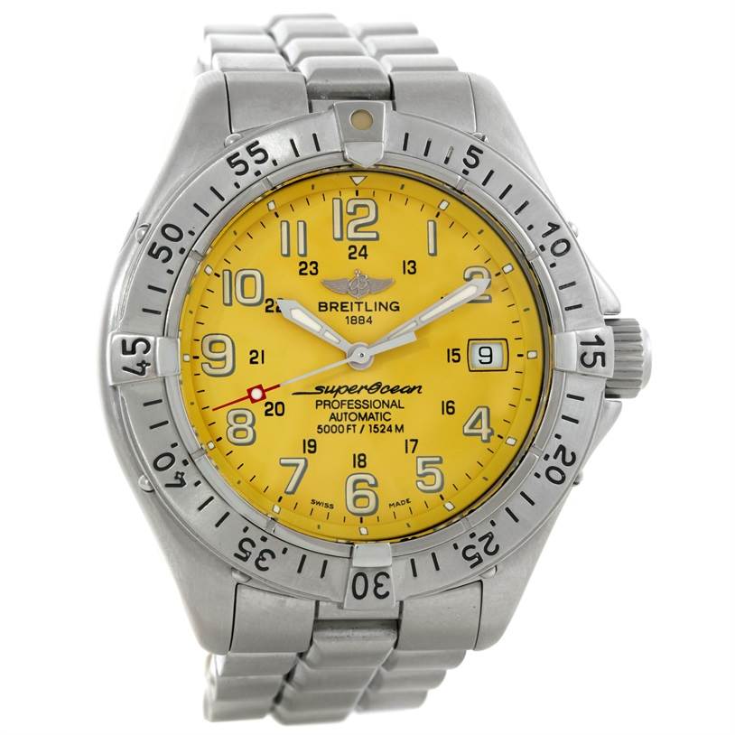 The image shows a front view of a Breitling Superocean A17345 Men's Stainless Steel Yellow Dial A17345 Men's Stainless Steel Yellow Dial watch with a yellow dial and silver bracelet.