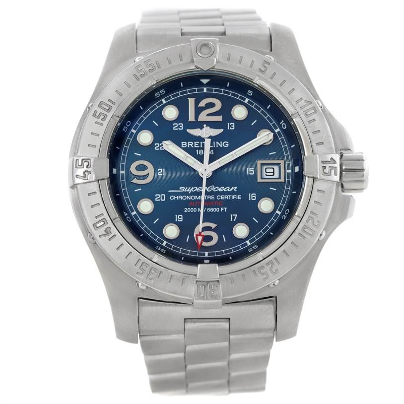 This image shows a front view of the Breitling Superocean A17390 Men's Stainless Steel Blue Dial A17390 Men's Stainless Steel Blue Dial watch, highlighting its dial, bezel, and strap.