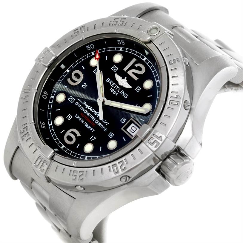 The image shows the Breitling Superocean A17390 Men's Stainless Steel Black Dial A17390 Men's Stainless Steel Black Dial watch from a side angle, highlighting the bezel, dial, crown, and part of the bracelet.