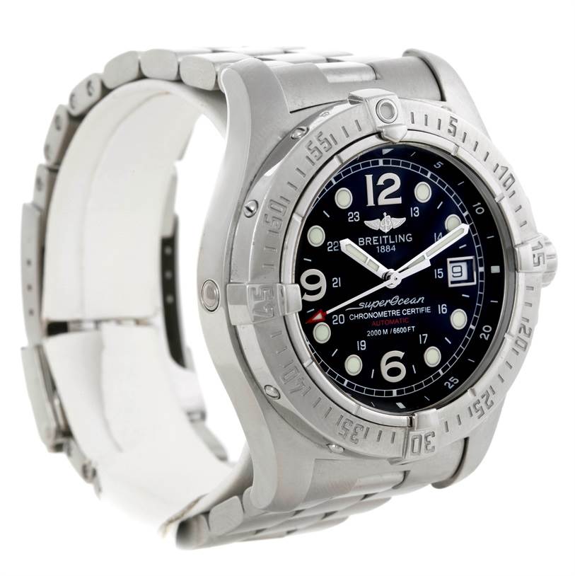 The image shows a Breitling Superocean A17390 Men's Stainless Steel Black Dial A17390 Men's Stainless Steel Black Dial watch at an angle, highlighting the dial, bezel, and part of the stainless steel strap.