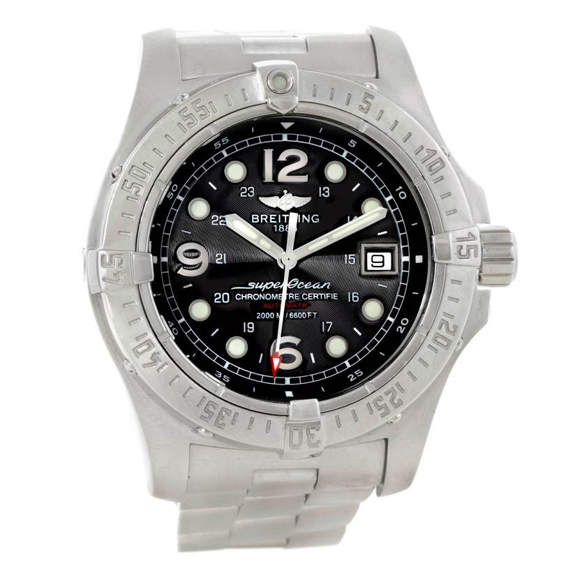 The image shows a frontal view of the Breitling Superocean A17390 Men's Stainless Steel Black Dial A17390 Men's Stainless Steel Black Dial watch, displaying the dial, bezel, and metal bracelet.