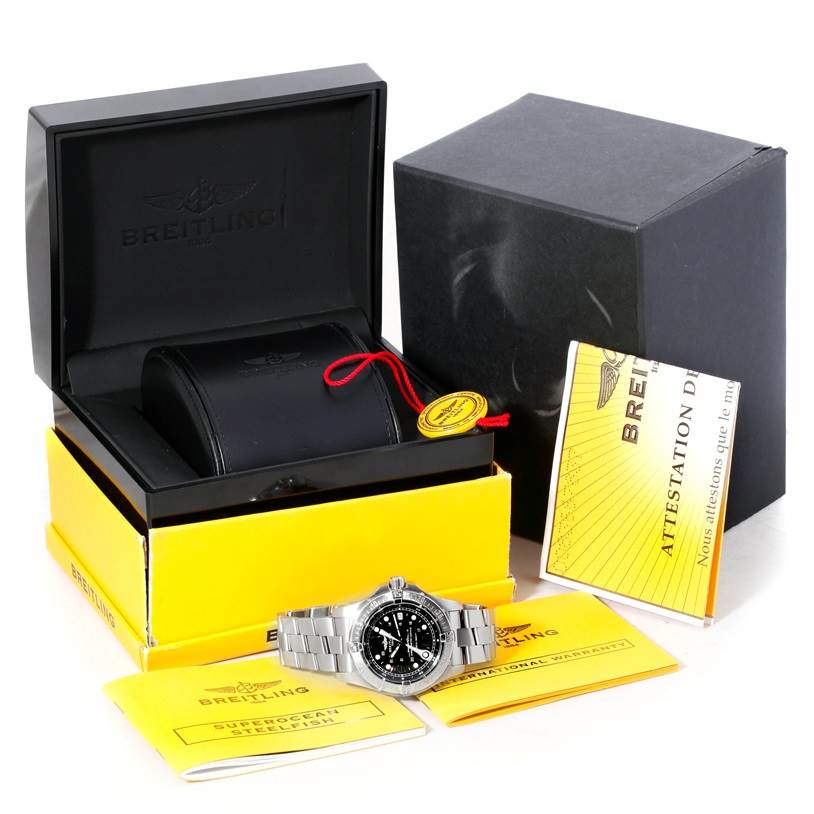 The image features the Breitling Superocean A17390 Men's Stainless Steel Black Dial A17390 Men's Stainless Steel Black Dial watch along with its box, manuals, and warranty documentation.