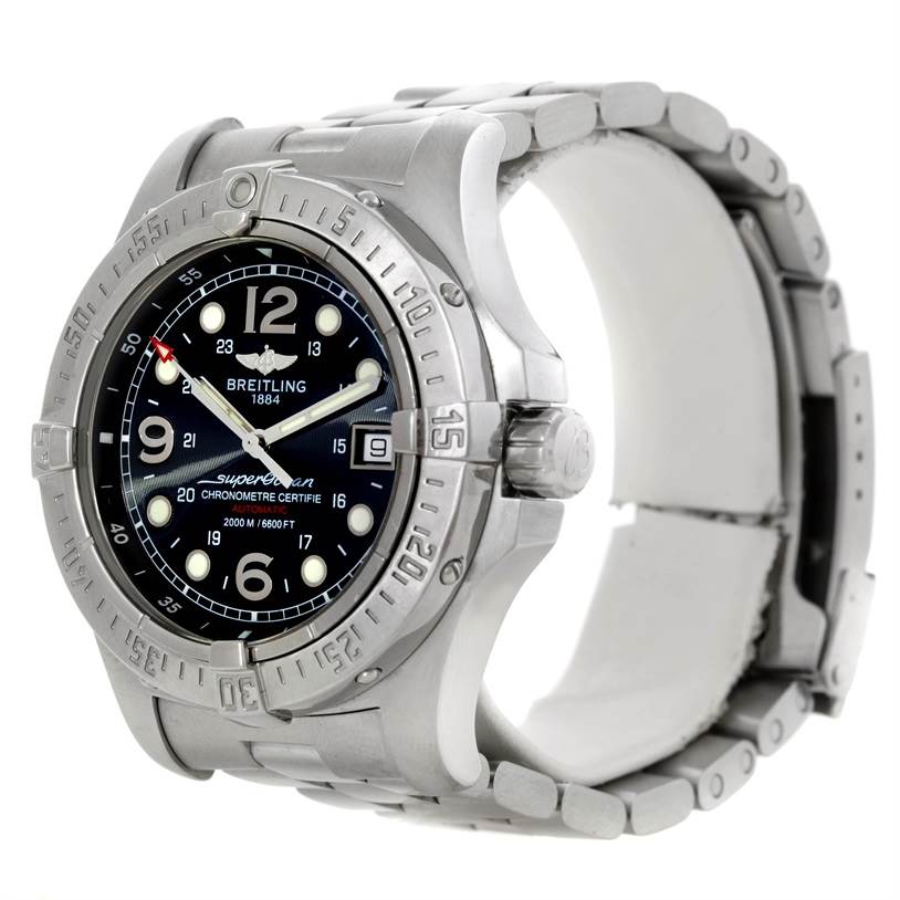The image shows a Breitling Superocean A17390 Men's Stainless Steel Black Dial A17390 Men's Stainless Steel Black Dial watch at a slight angle, highlighting the dial, bezel, and metal bracelet.
