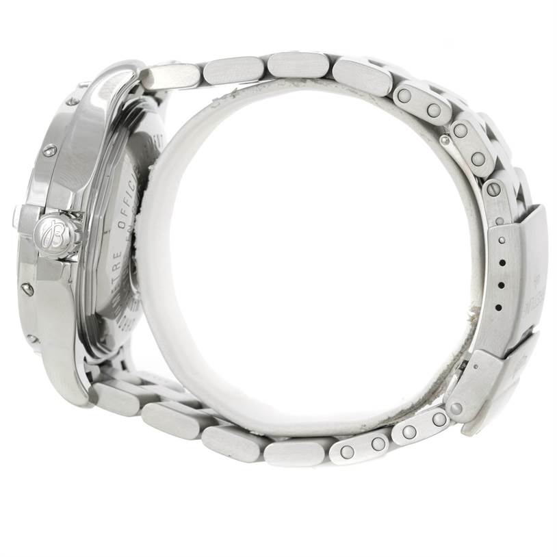 The image shows a side view of the Breitling Superocean A17390 Men's Stainless Steel Black Dial A17390 Men's Stainless Steel Black Dial watch, highlighting the case, bracelet, and clasp.