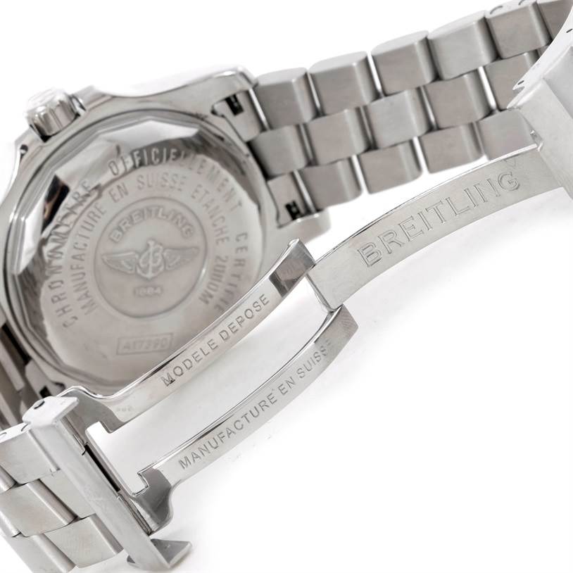 This image shows the back case and clasp mechanism of the Breitling Superocean A17390 Men's Stainless Steel Black Dial A17390 Men's Stainless Steel Black Dial watch.