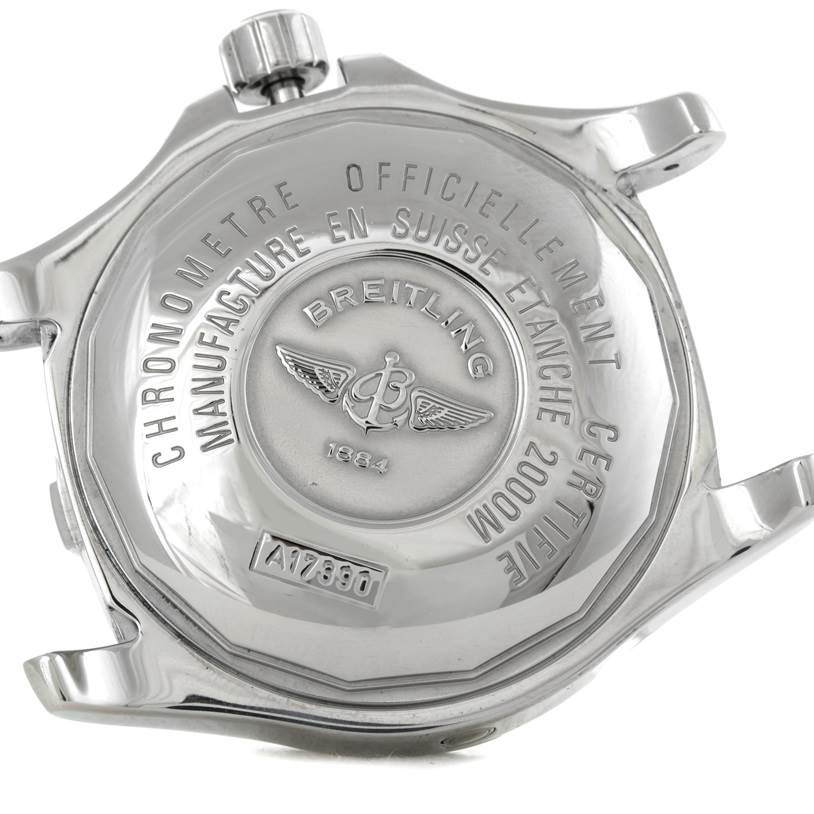 This image shows the back casing and crown of a Breitling Superocean A17390 Men's Stainless Steel Black Dial A17390 Men's Stainless Steel Black Dial watch, highlighting branding and specifications.
