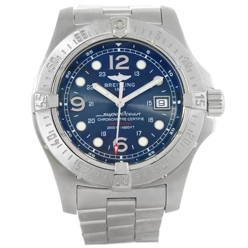 This Breitling Superocean A17390 Men's Stainless Steel Blue Dial A17390 Men's Stainless Steel Blue Dial watch is shown from a front angle, clearly displaying the face, bezel, and bracelet.