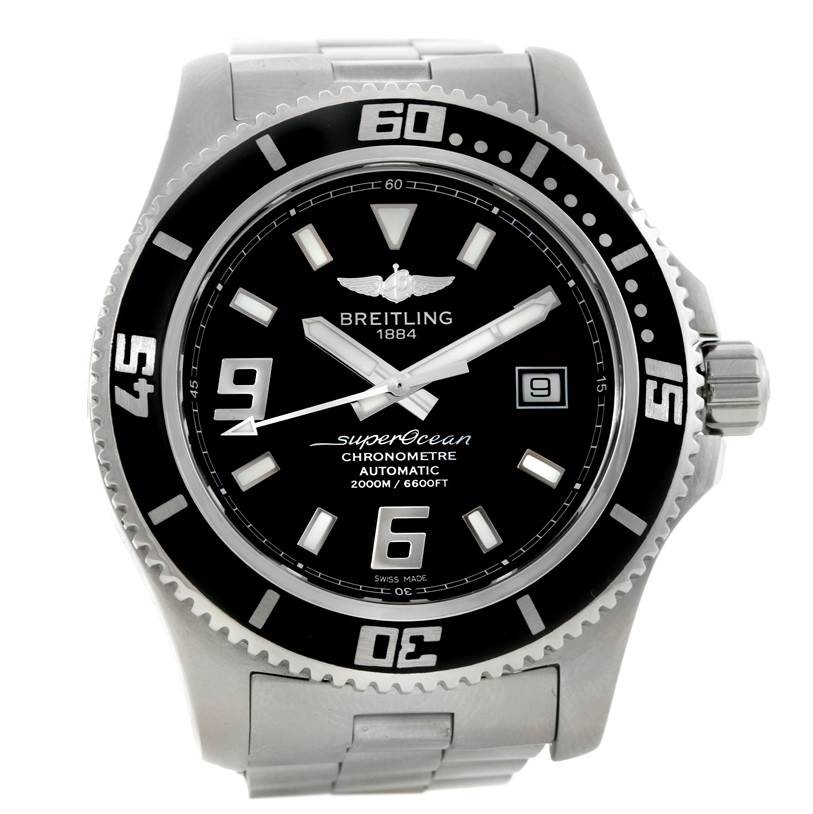 The image shows a front view of a Breitling Superocean A17391 Men's Stainless Steel Black Dial A17391 Men's Stainless Steel Black Dial watch, displaying its black dial, bezel, and stainless steel bracelet.