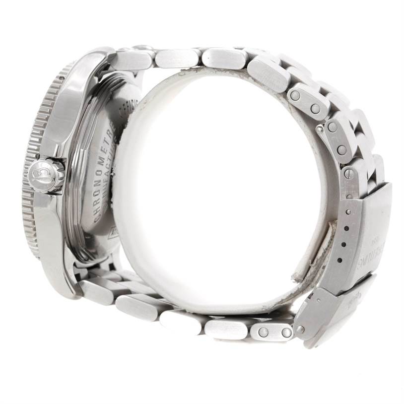 The image shows a side view of a Breitling Superocean A17391 Men's Stainless Steel Black Dial A17391 Men's Stainless Steel Black Dial watch, highlighting the crown, case back, and metal bracelet.