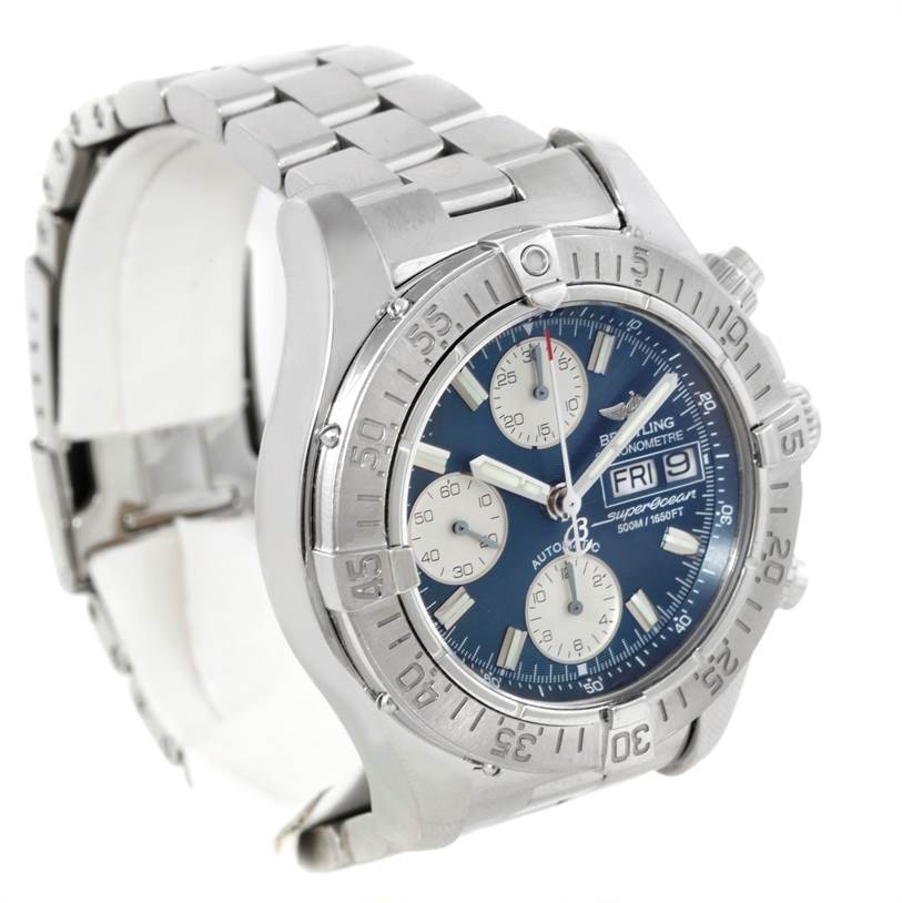 The image shows a Breitling Superocean A13340 Men's Stainless Steel Blue Dial A13340 Men's Stainless Steel Blue Dial watch angled to display its face, bezel, chronograph sub-dials, and bracelet. 