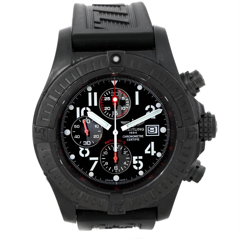 The image shows a front view of a Breitling Avenger M13370 Men's Stainless Steel Black Dial M13370 Men's Stainless Steel Black Dial watch, highlighting its black case, dial, bezel, and chronograph subdials.