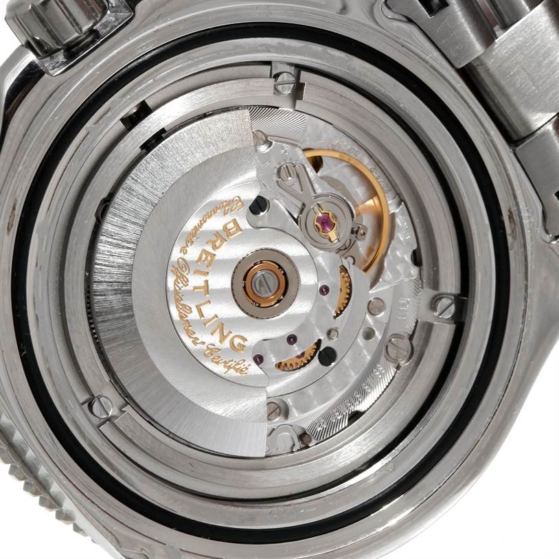 This image shows the movement and inner mechanics of the Breitling Superocean A17391 Men's Stainless Steel Black Dial A17391 Men's Stainless Steel Black Dial watch from a close-up, rear angle.