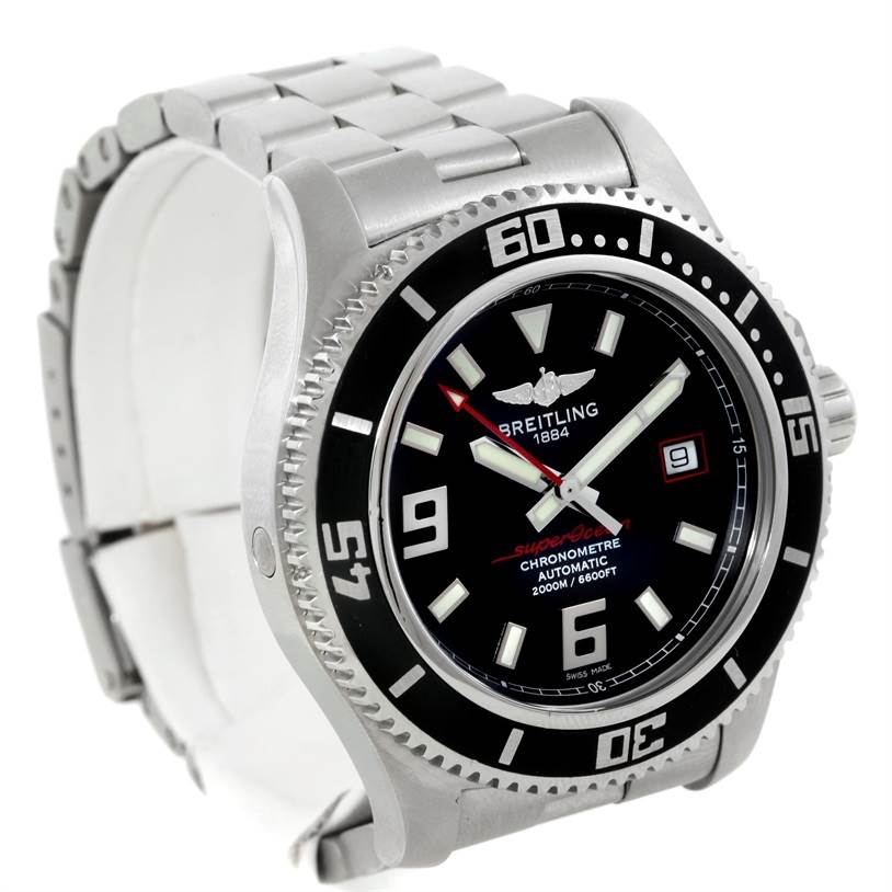 The Breitling Superocean A17391 Men's Stainless Steel Black Dial A17391 Men's Stainless Steel Black Dial watch is shown at an angled front view, highlighting the dial, bezel, and bracelet.