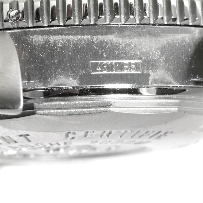The image shows a close-up of the case back and part of the bezel of a Breitling Superocean A17391 Men's Stainless Steel Black Dial A17391 Men's Stainless Steel Black Dial watch.