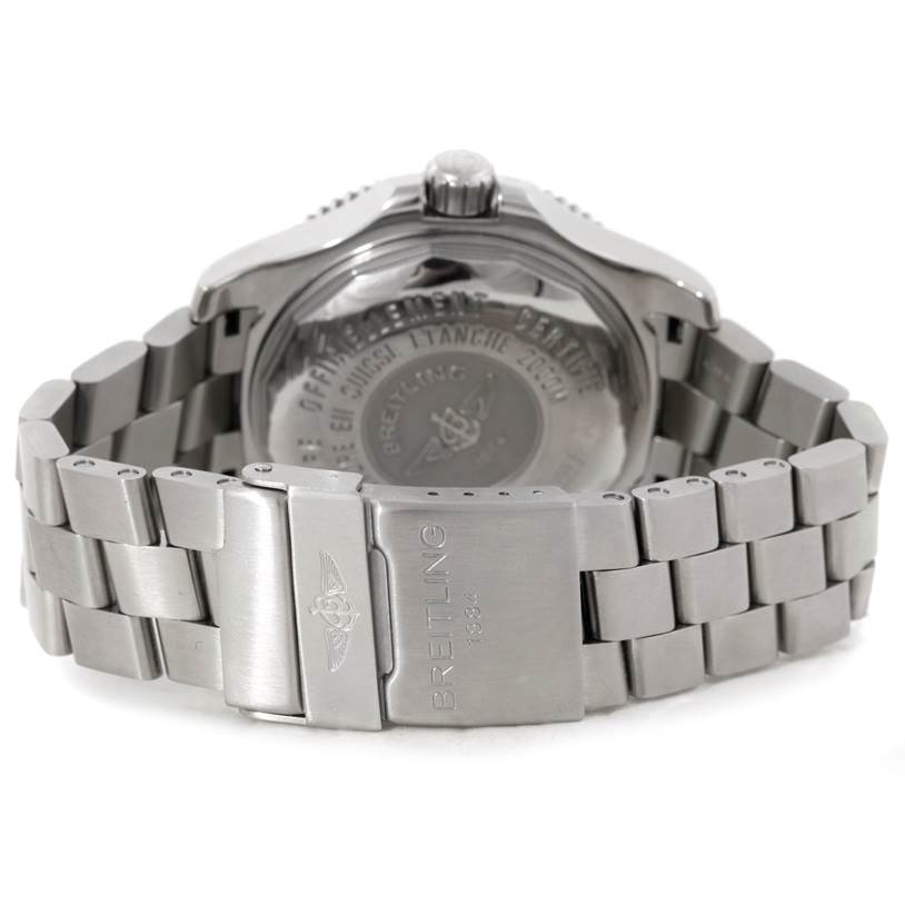 This image shows the back view of a Breitling Superocean A17391 Men's Stainless Steel Black Dial A17391 Men's Stainless Steel Black Dial watch, focusing on the case back and metal bracelet with the clasp.