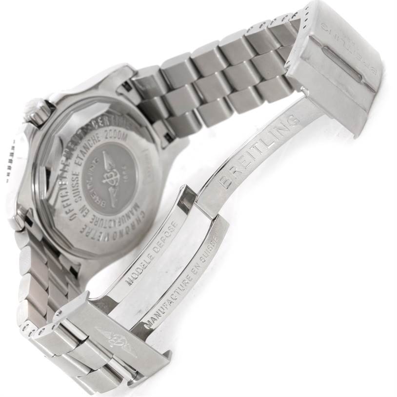 The image displays the back case and partially opened clasp of a Breitling Superocean A17391 Men's Stainless Steel Black Dial A17391 Men's Stainless Steel Black Dial watch, highlighting brand engravings.